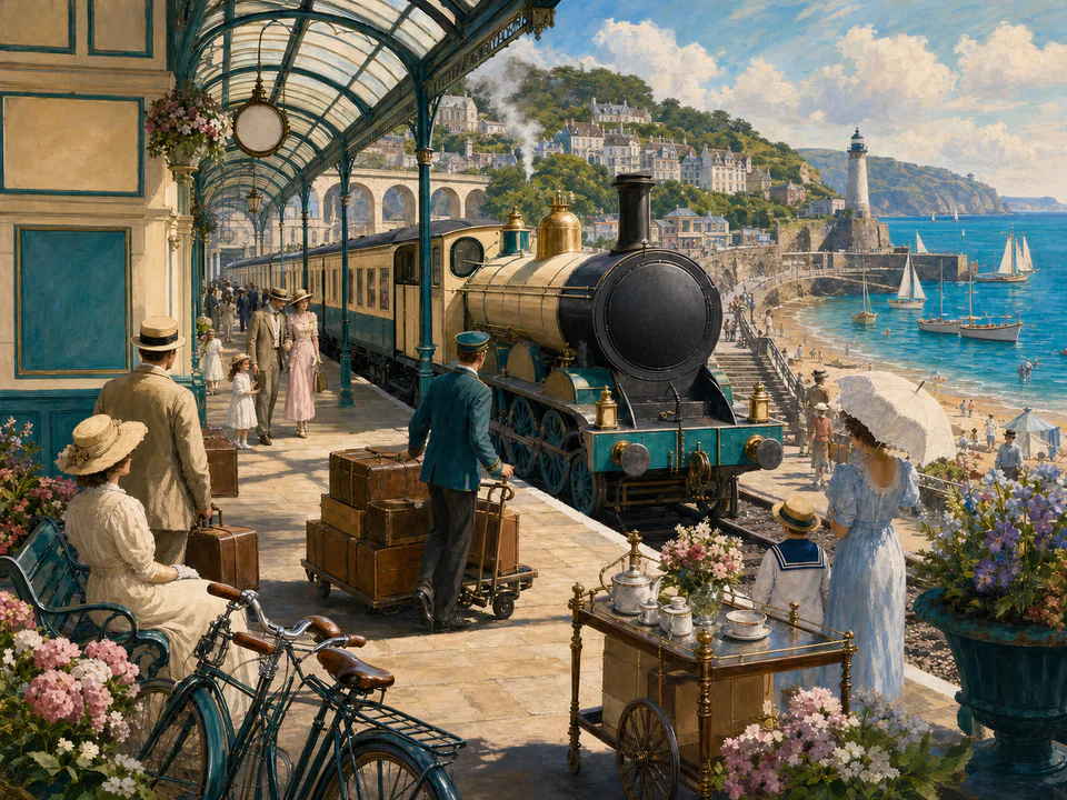 Coastal Railway Station, an illustrated nostalgic transport jigsaw puzzle scene