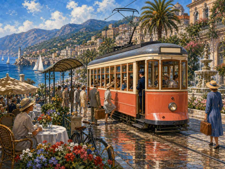 Coastal City Tram, an illustrated nostalgic transport jigsaw puzzle scene