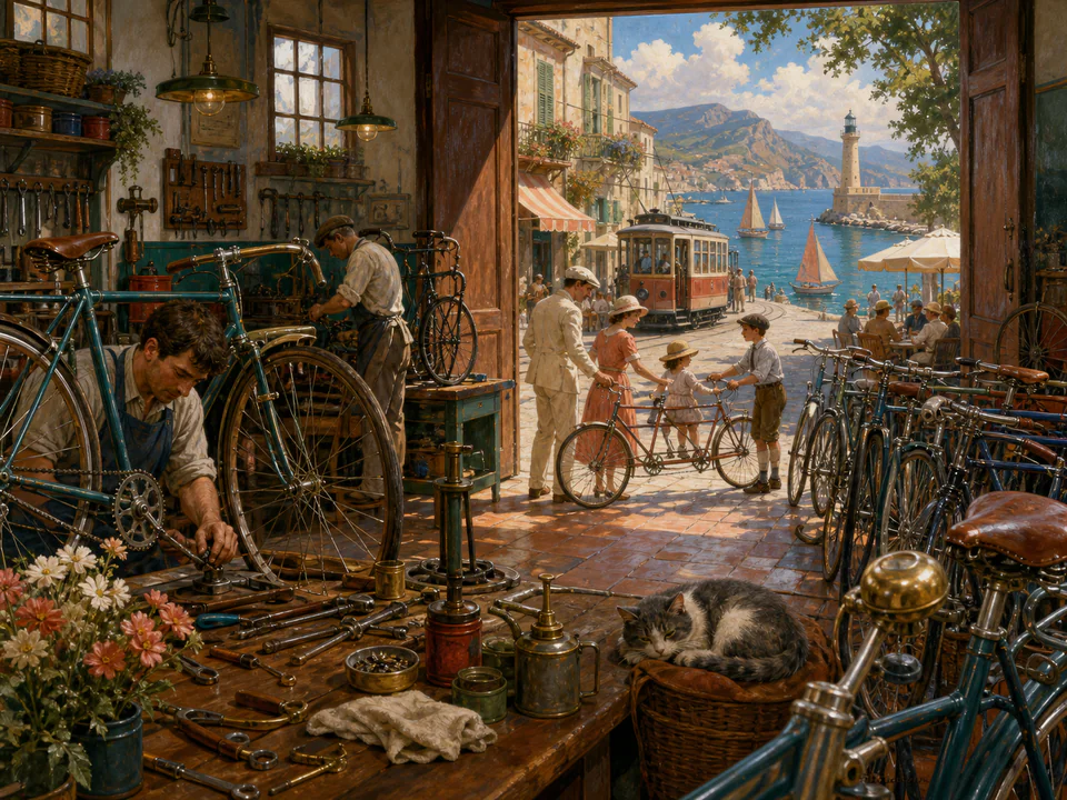 Coastal Bicycle Shop, an illustrated nostalgic transport jigsaw puzzle scene