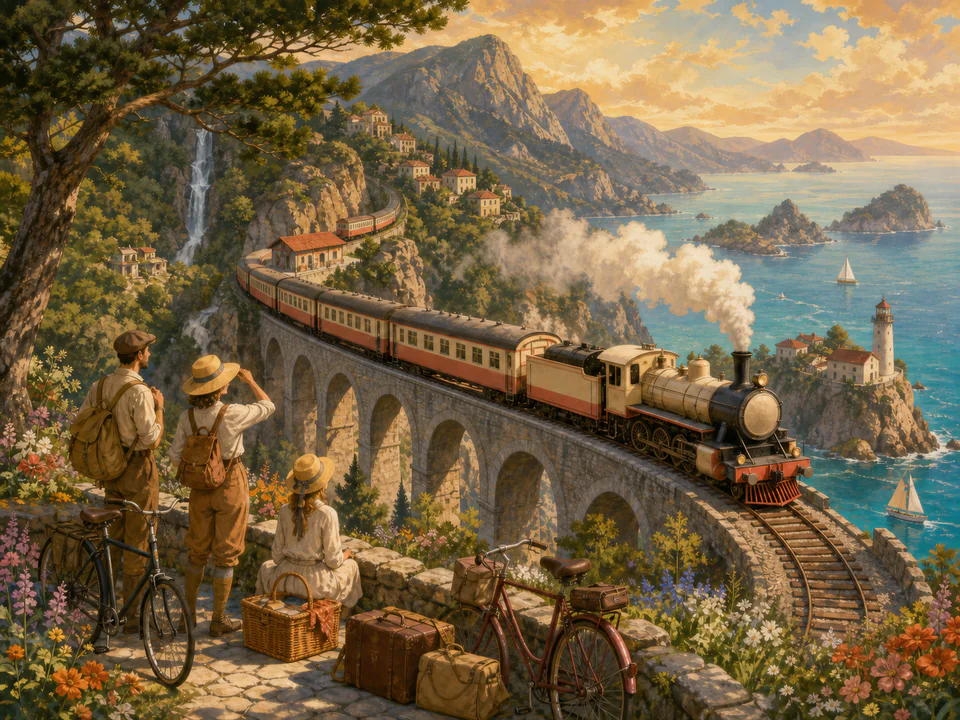 Coastal Mountain Train, an illustrated nostalgic transport jigsaw puzzle scene