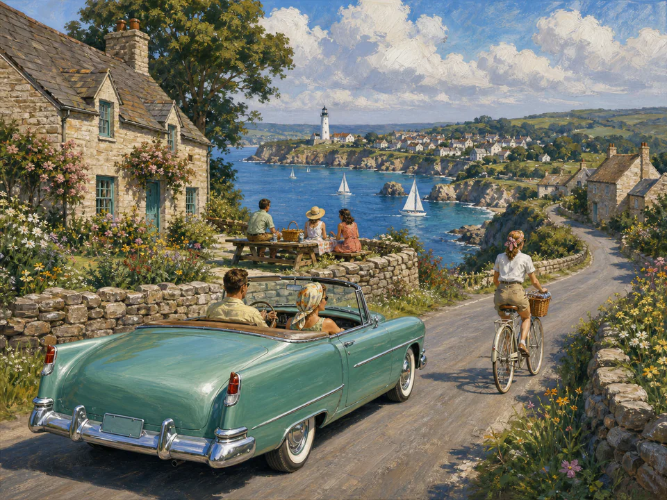 Coastal Country Road, an illustrated nostalgic transport jigsaw puzzle scene