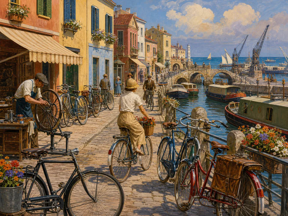 Coastal Canal Bicycles, an illustrated nostalgic transport jigsaw puzzle scene