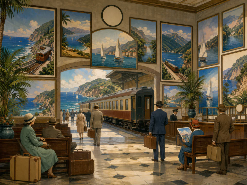 Coastal Travel Posters, an illustrated nostalgic transport jigsaw puzzle scene