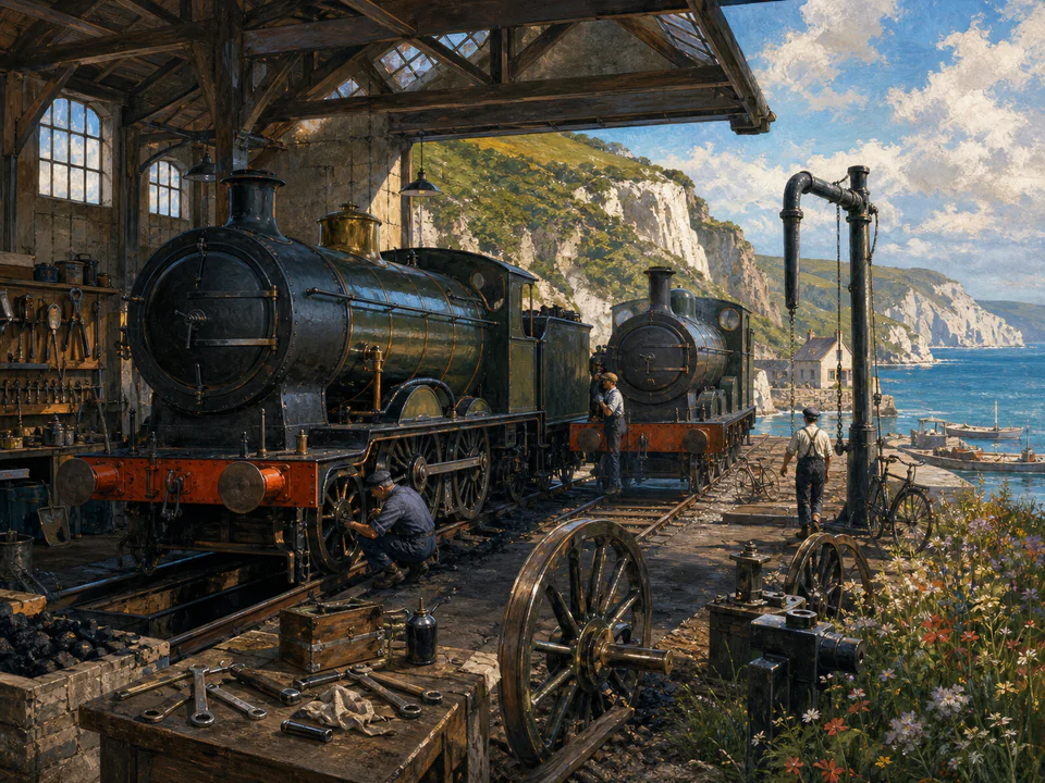 Coastal Engine Shed, an illustrated nostalgic transport jigsaw puzzle scene