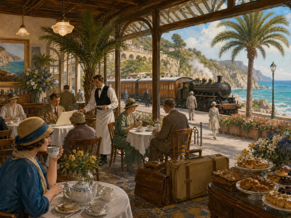 Coastal Station Café, an illustrated nostalgic transport jigsaw puzzle scene