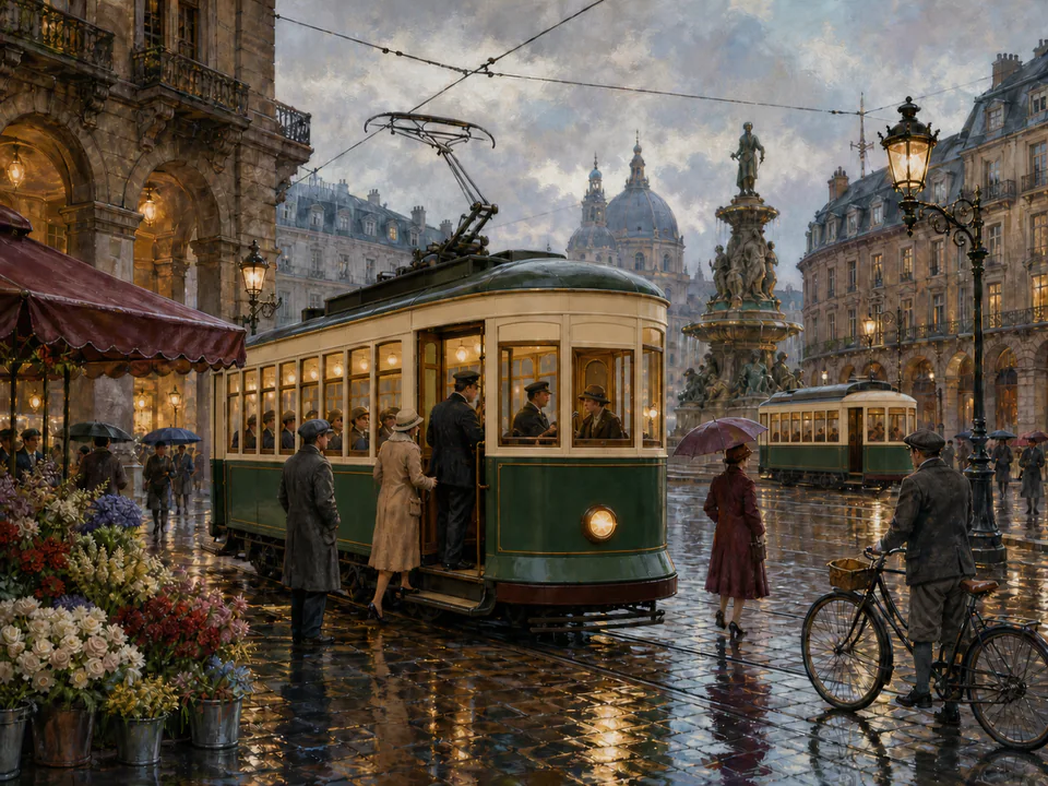 Vintage City Tram, an illustrated nostalgic transport jigsaw puzzle scene