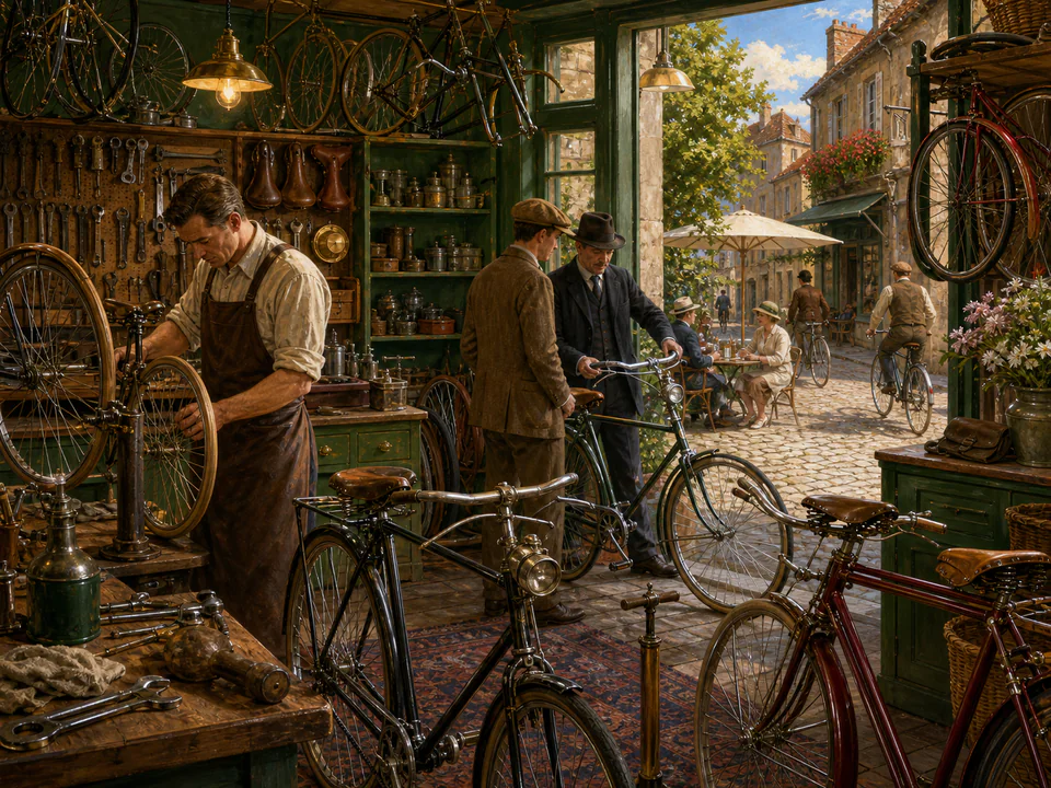 Vintage Bicycle Shop, an illustrated nostalgic transport jigsaw puzzle scene