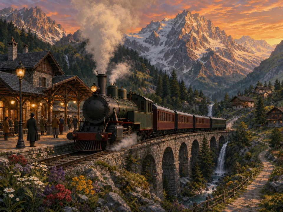 Vintage Mountain Train, an illustrated nostalgic transport jigsaw puzzle scene