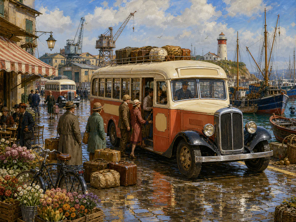 Vintage Harbor Bus, an illustrated nostalgic transport jigsaw puzzle scene