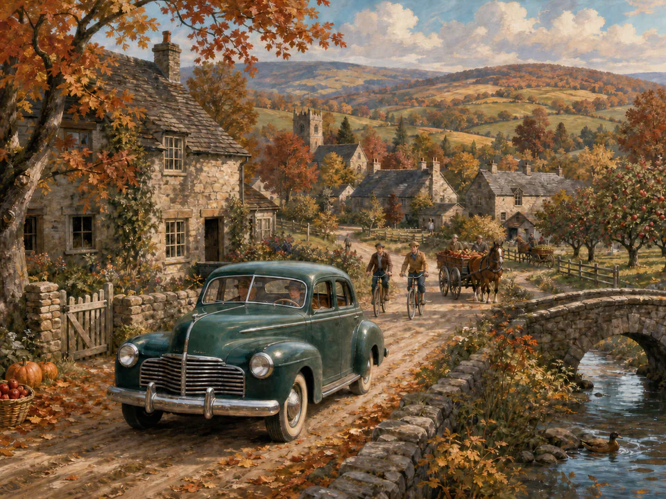 Vintage Country Road, an illustrated nostalgic transport jigsaw puzzle scene