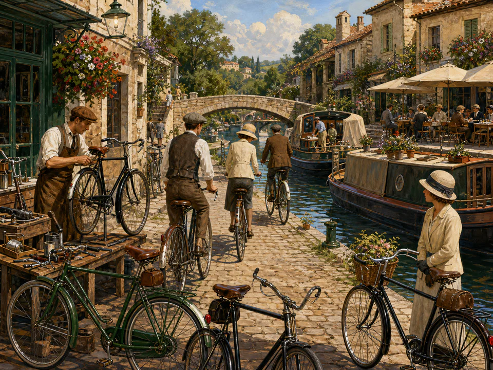 Vintage Canal Bicycles, an illustrated nostalgic transport jigsaw puzzle scene
