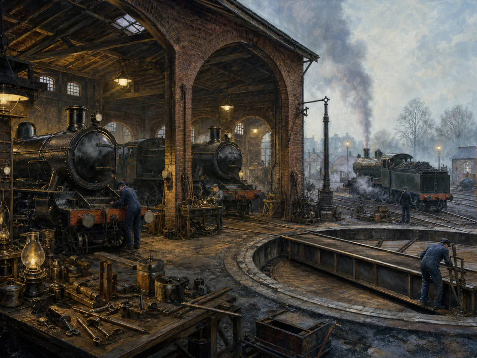 Vintage Engine Shed, an illustrated nostalgic transport jigsaw puzzle scene