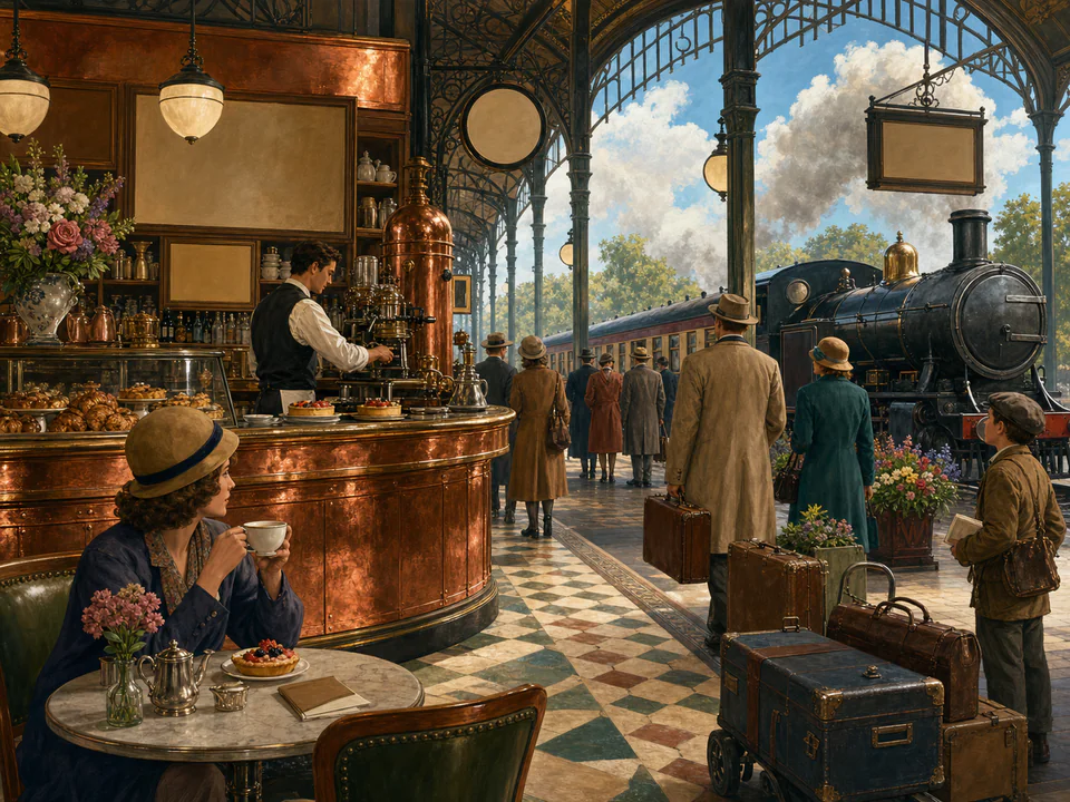 Vintage Station Café, an illustrated nostalgic transport jigsaw puzzle scene