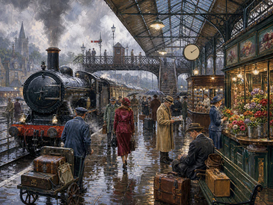 Rainy Railway Station, an illustrated nostalgic transport jigsaw puzzle scene