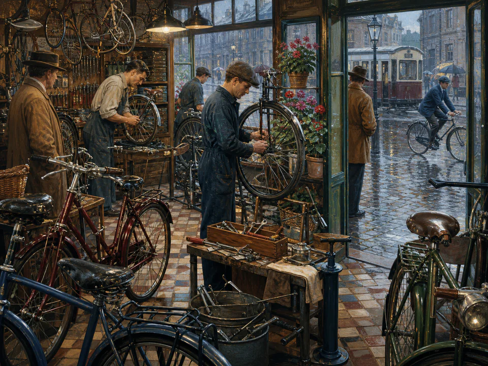 Rainy Bicycle Shop, an illustrated nostalgic transport jigsaw puzzle scene