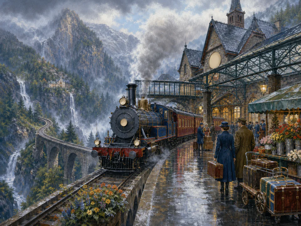 Rainy Mountain Train, an illustrated nostalgic transport jigsaw puzzle scene
