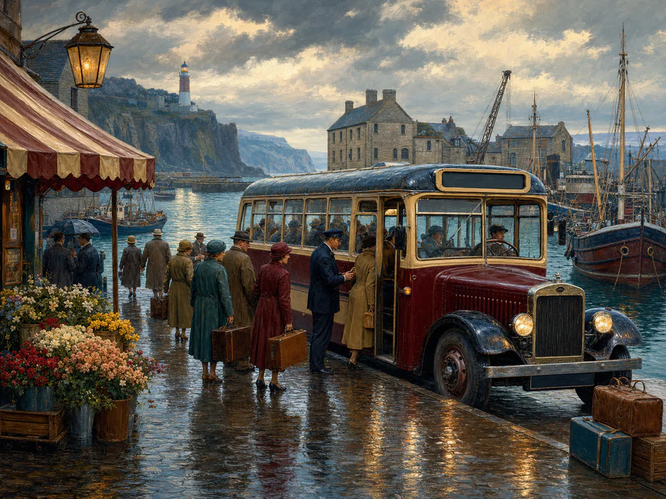 Rainy Harbor Bus, an illustrated nostalgic transport jigsaw puzzle scene