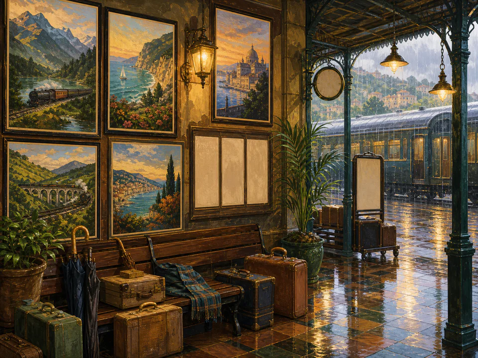 Rainy Travel Posters, an illustrated nostalgic transport jigsaw puzzle scene
