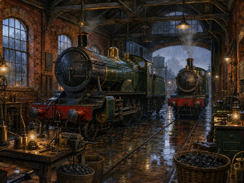 Rainy Engine Shed, an illustrated nostalgic transport jigsaw puzzle scene