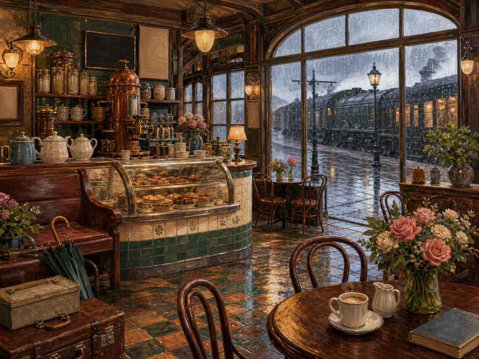 Rainy Station Café, an illustrated nostalgic transport jigsaw puzzle scene