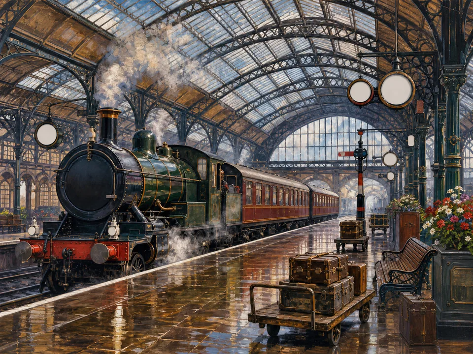 Express Railway Station, an illustrated nostalgic transport jigsaw puzzle scene