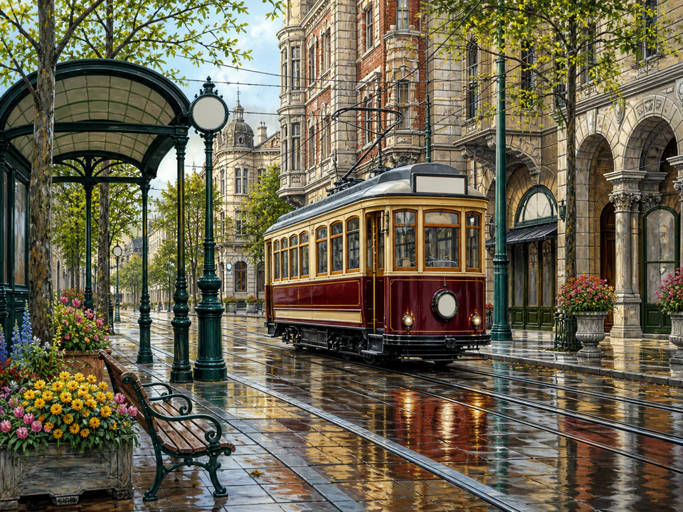Express City Tram, an illustrated nostalgic transport jigsaw puzzle scene
