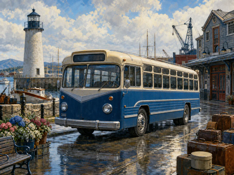 Express Harbor Bus, an illustrated nostalgic transport jigsaw puzzle scene