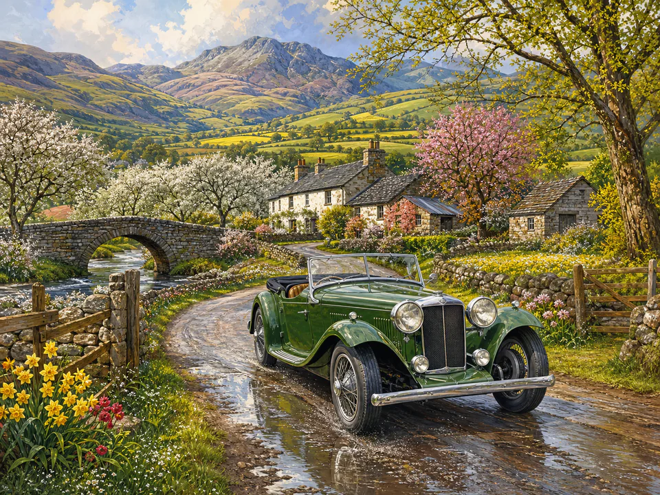 Express Country Road, an illustrated nostalgic transport jigsaw puzzle scene