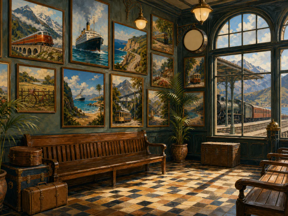Express Travel Posters, an illustrated nostalgic transport jigsaw puzzle scene