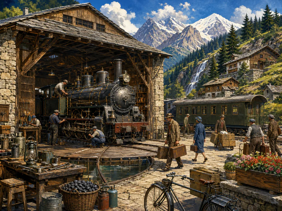 Express Engine Shed, an illustrated nostalgic transport jigsaw puzzle scene