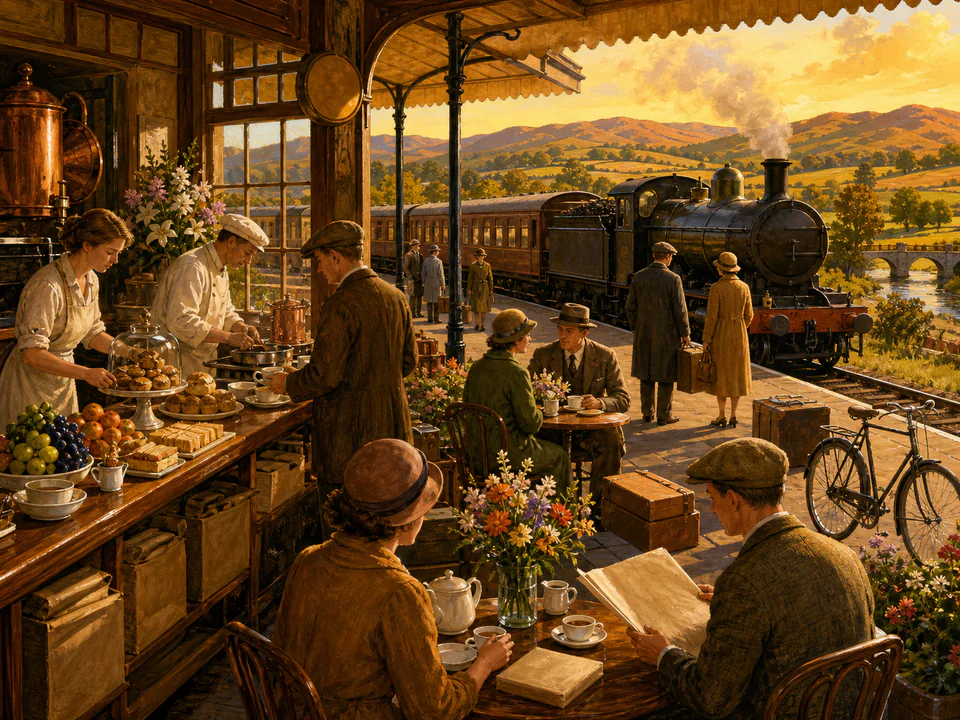 Express Station Café, an illustrated nostalgic transport jigsaw puzzle scene