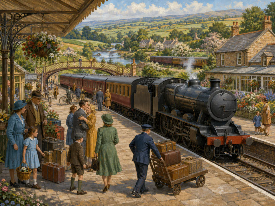 Sunday Railway Station, an illustrated nostalgic transport jigsaw puzzle scene