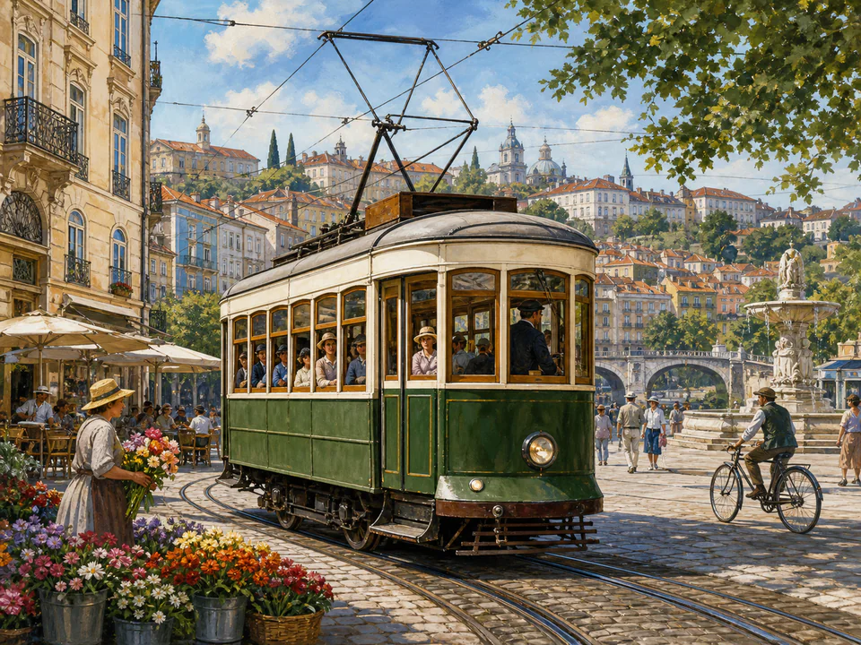 Sunday City Tram, an illustrated nostalgic transport jigsaw puzzle scene