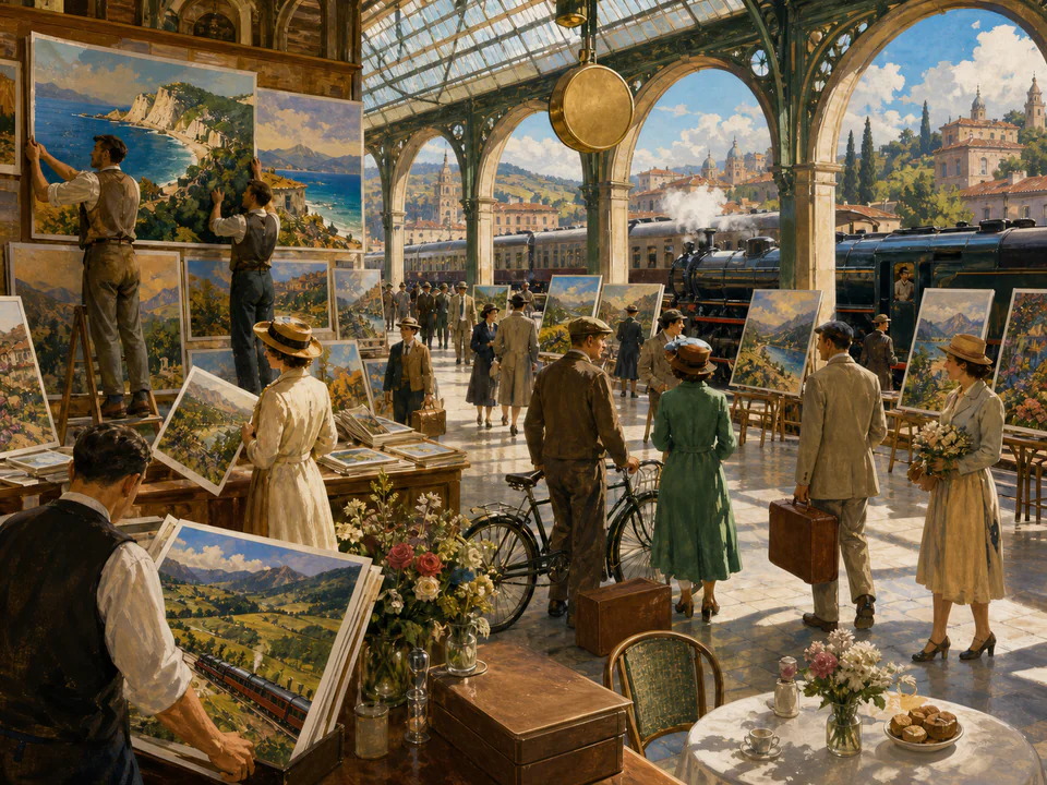 Sunday Travel Posters, an illustrated nostalgic transport jigsaw puzzle scene