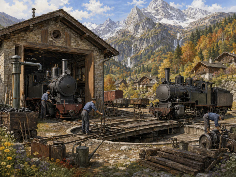 Sunday Engine Shed, an illustrated nostalgic transport jigsaw puzzle scene