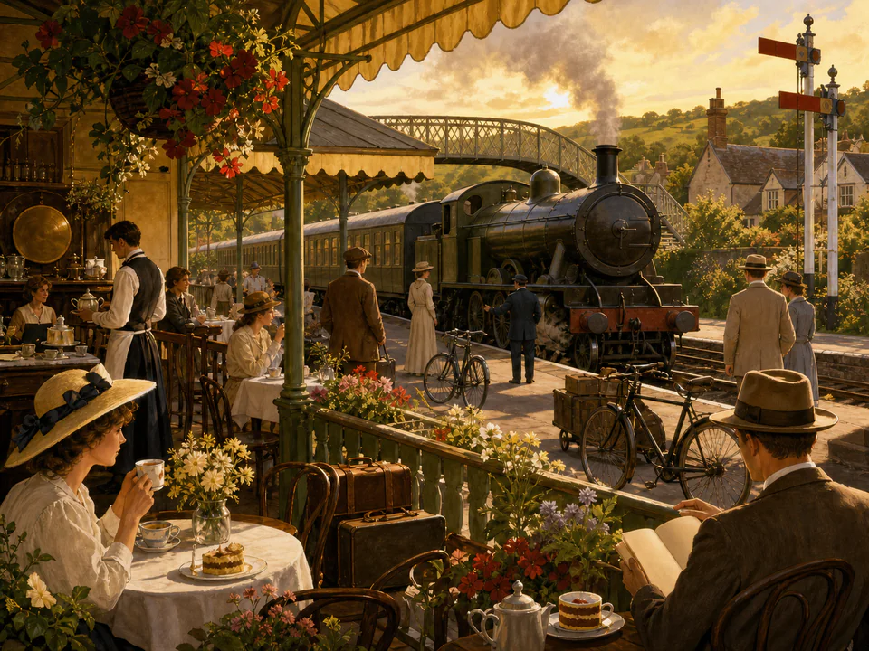 Sunday Station Café, an illustrated nostalgic transport jigsaw puzzle scene