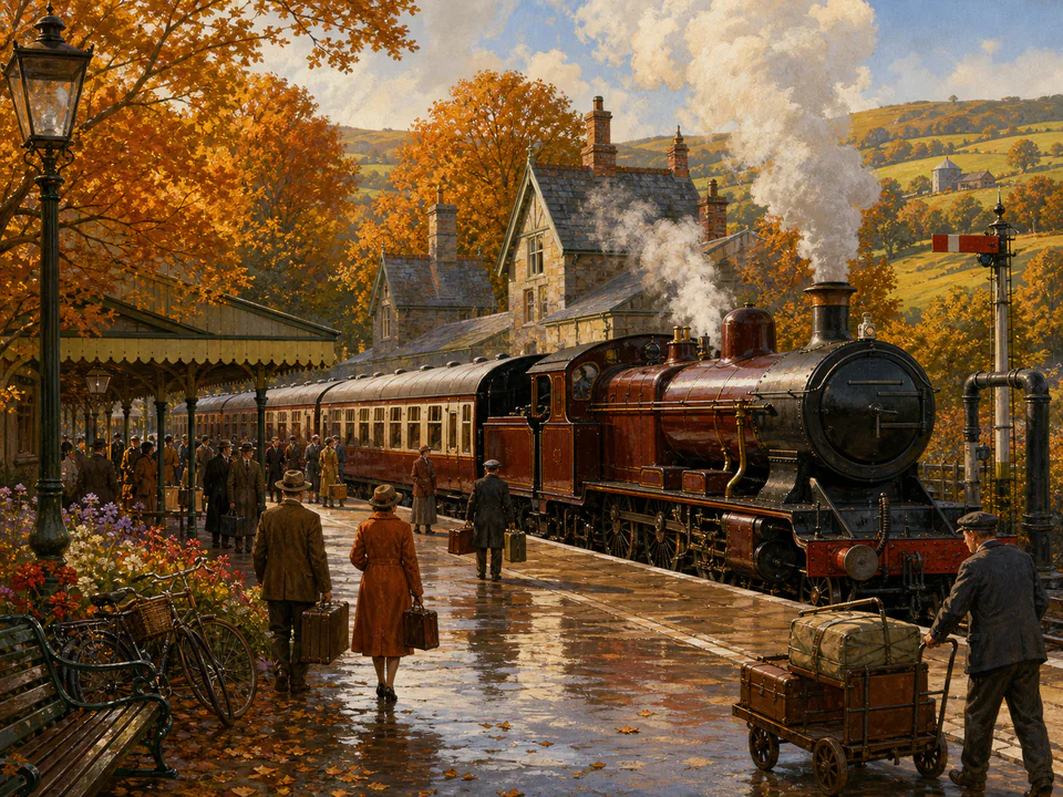 Alpine Railway Station, an illustrated nostalgic transport jigsaw puzzle scene