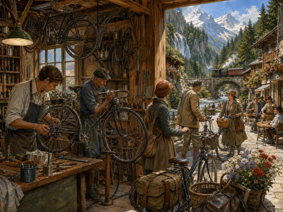Alpine Bicycle Shop, an illustrated nostalgic transport jigsaw puzzle scene
