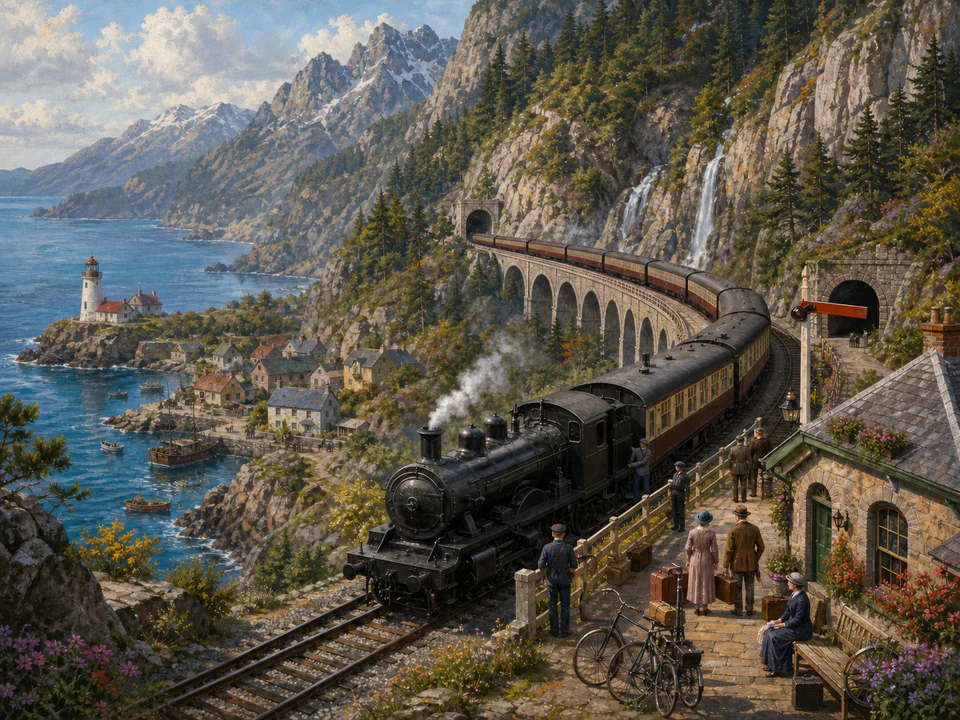 Alpine Mountain Train, an illustrated nostalgic transport jigsaw puzzle scene