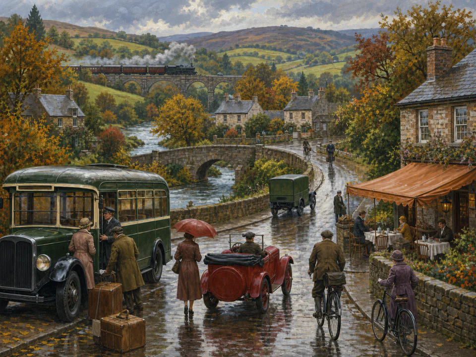 Alpine Country Road, an illustrated nostalgic transport jigsaw puzzle scene
