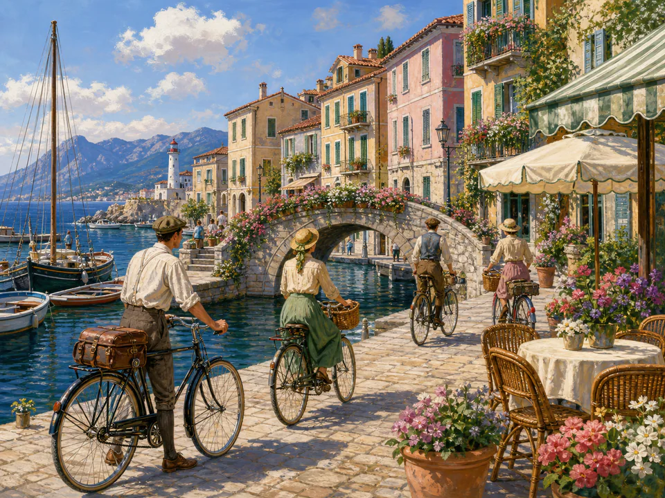 Alpine Canal Bicycles, an illustrated nostalgic transport jigsaw puzzle scene