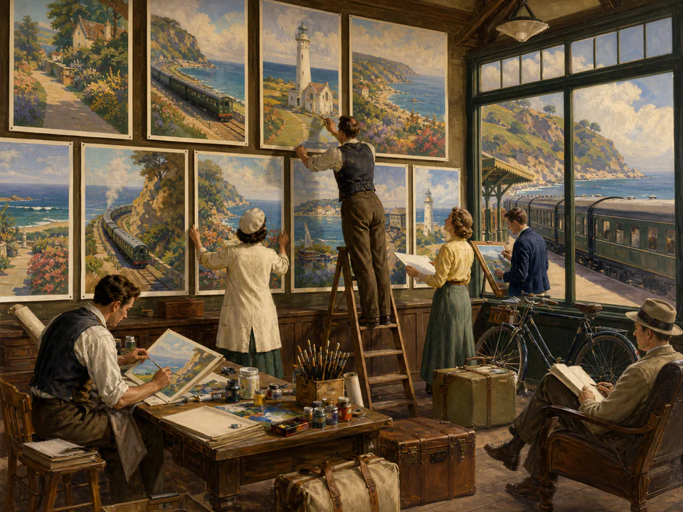 Alpine Travel Posters, an illustrated nostalgic transport jigsaw puzzle scene