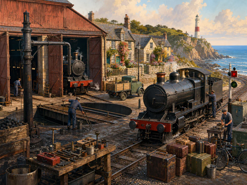 Alpine Engine Shed, an illustrated nostalgic transport jigsaw puzzle scene