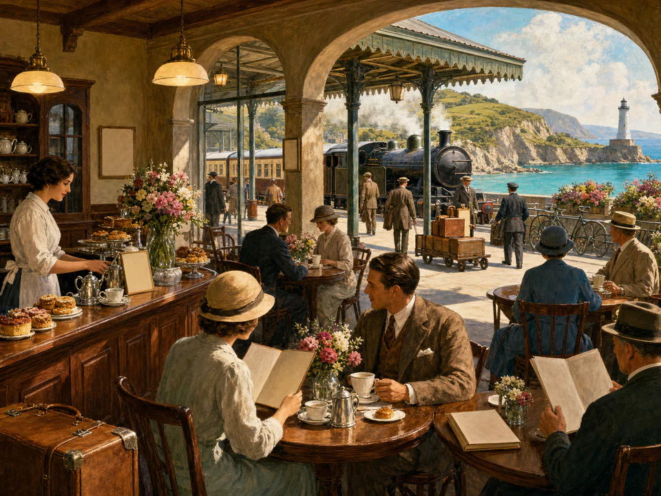 Alpine Station Café, an illustrated nostalgic transport jigsaw puzzle scene