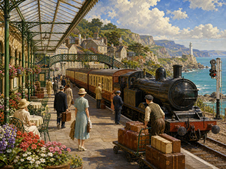 Golden Railway Station, an illustrated nostalgic transport jigsaw puzzle scene