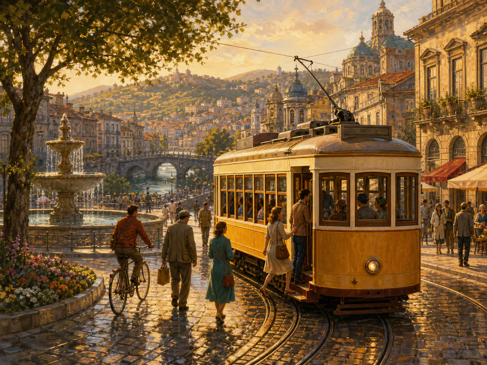 Golden City Tram, an illustrated nostalgic transport jigsaw puzzle scene