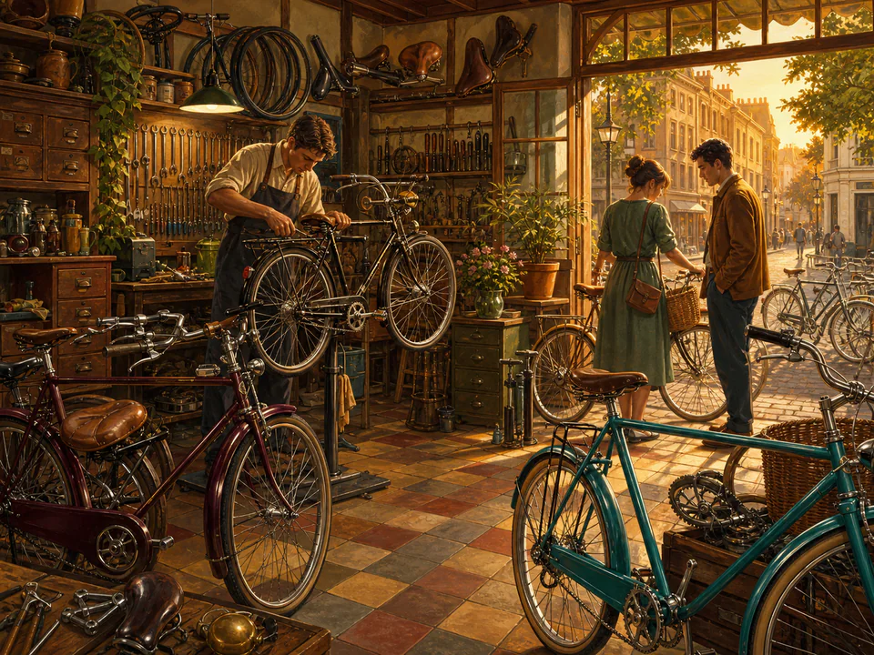Golden Bicycle Shop, an illustrated nostalgic transport jigsaw puzzle scene