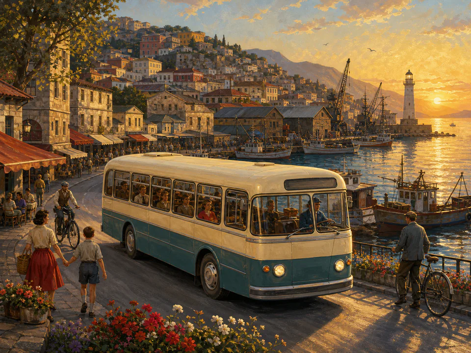 Golden Harbor Bus, an illustrated nostalgic transport jigsaw puzzle scene