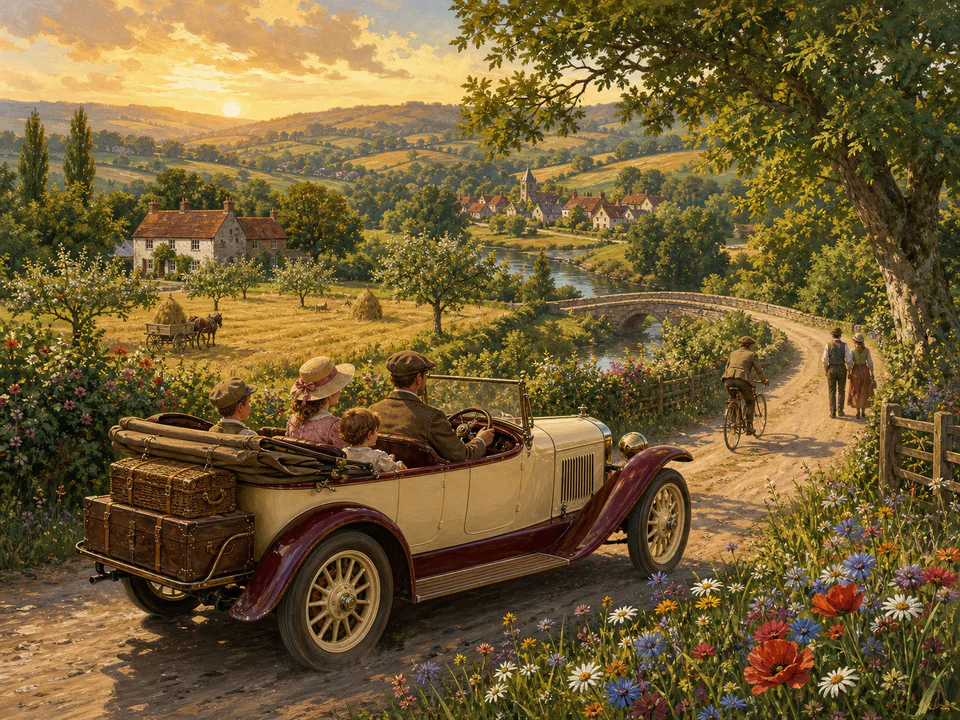 Golden Country Road, an illustrated nostalgic transport jigsaw puzzle scene