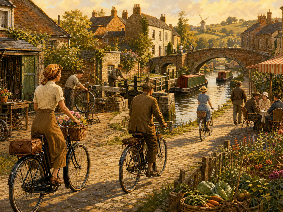 Golden Canal Bicycles, an illustrated nostalgic transport jigsaw puzzle scene